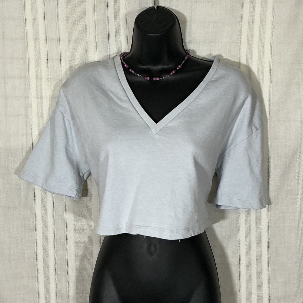 Zara Pale Blue Cropped V-Neck Tee